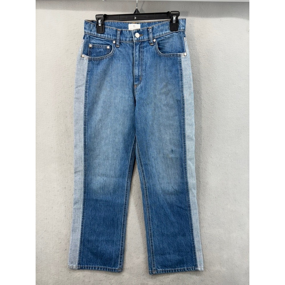 Anthropology Jeans Self Contrast Sz 27 Wide Leg Crop Blue Two Tone Side Stripe